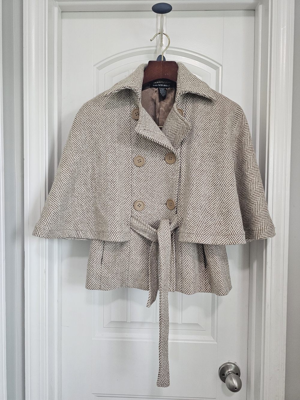 Saks Fifth Avenue Brown Herringbone Cape Coat